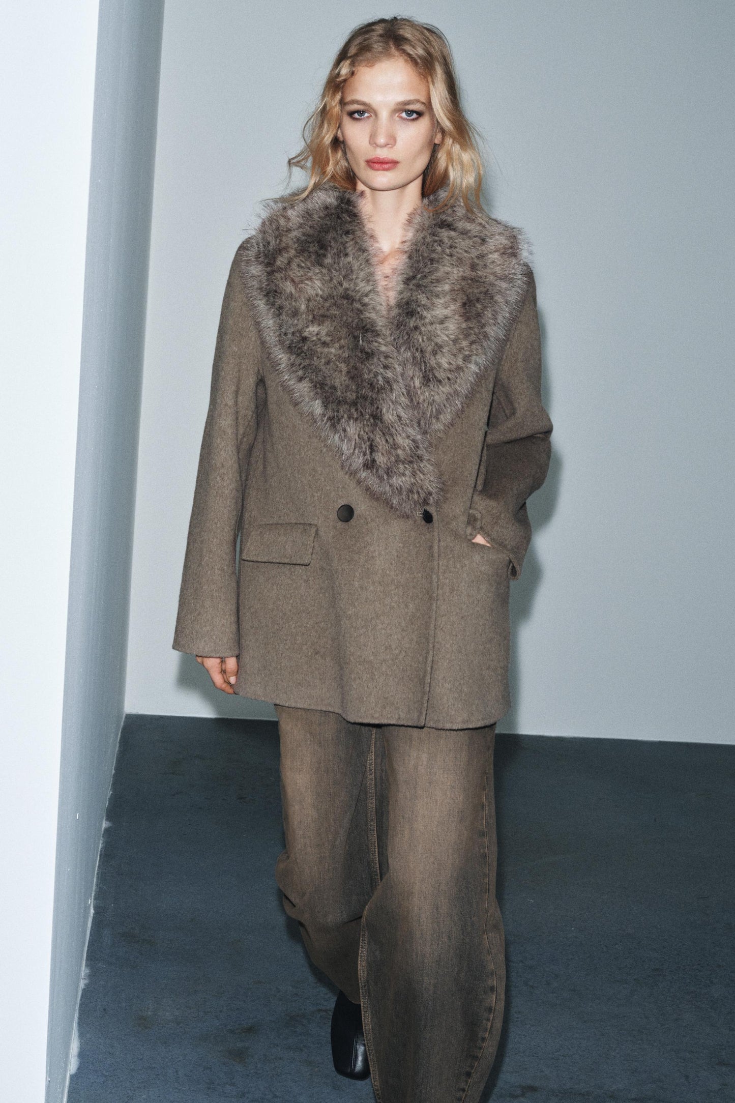 Blazer Mezcla Lana Cuello Efecto Pelo